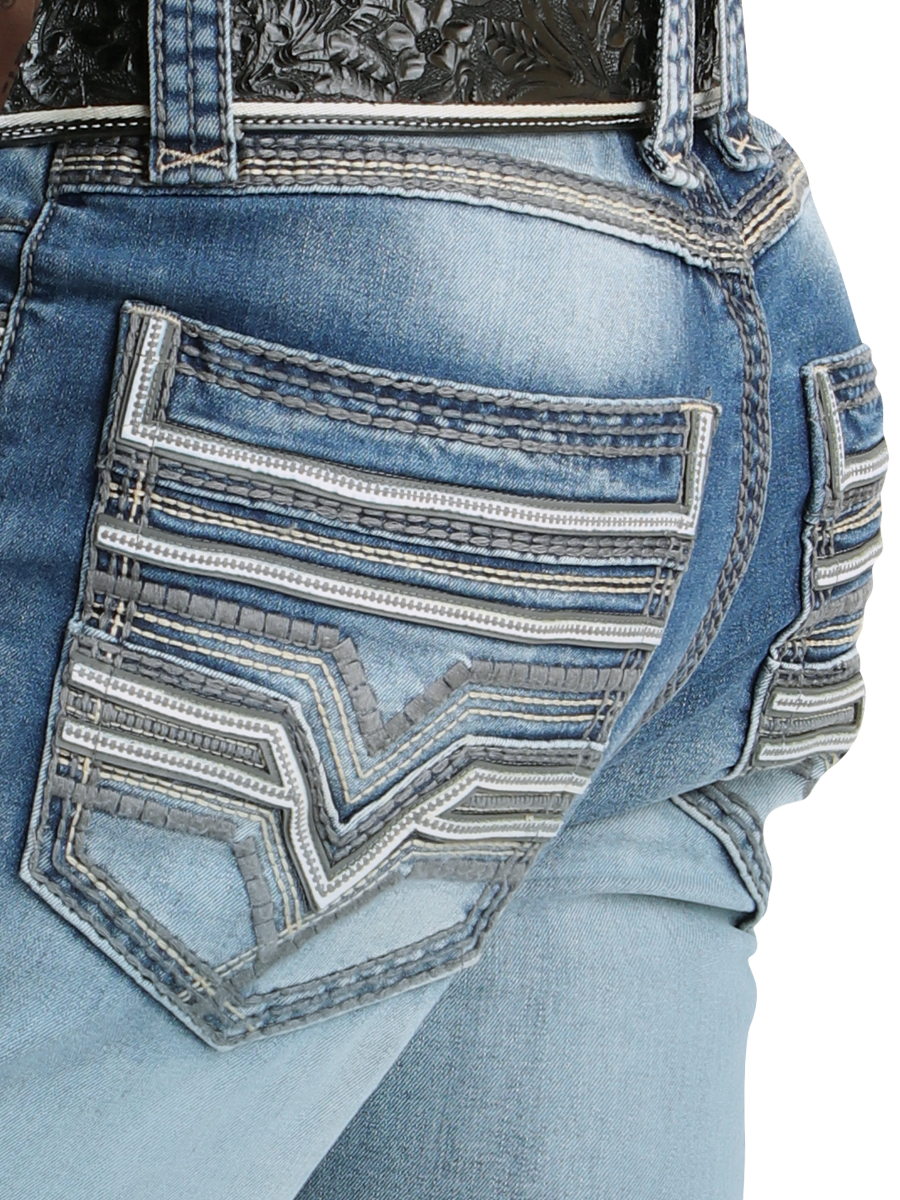 LM26502 Light Blue Denim Pants – Straight Cut with Premium Contrast Embroidery