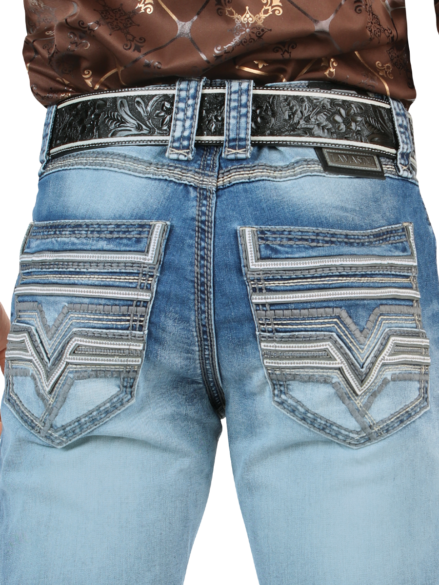 LM26502 Light Blue Denim Pants – Straight Cut with Premium Contrast Embroidery
