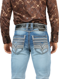 LM26502 Light Blue Denim Pants – Straight Cut with Premium Contrast Embroidery