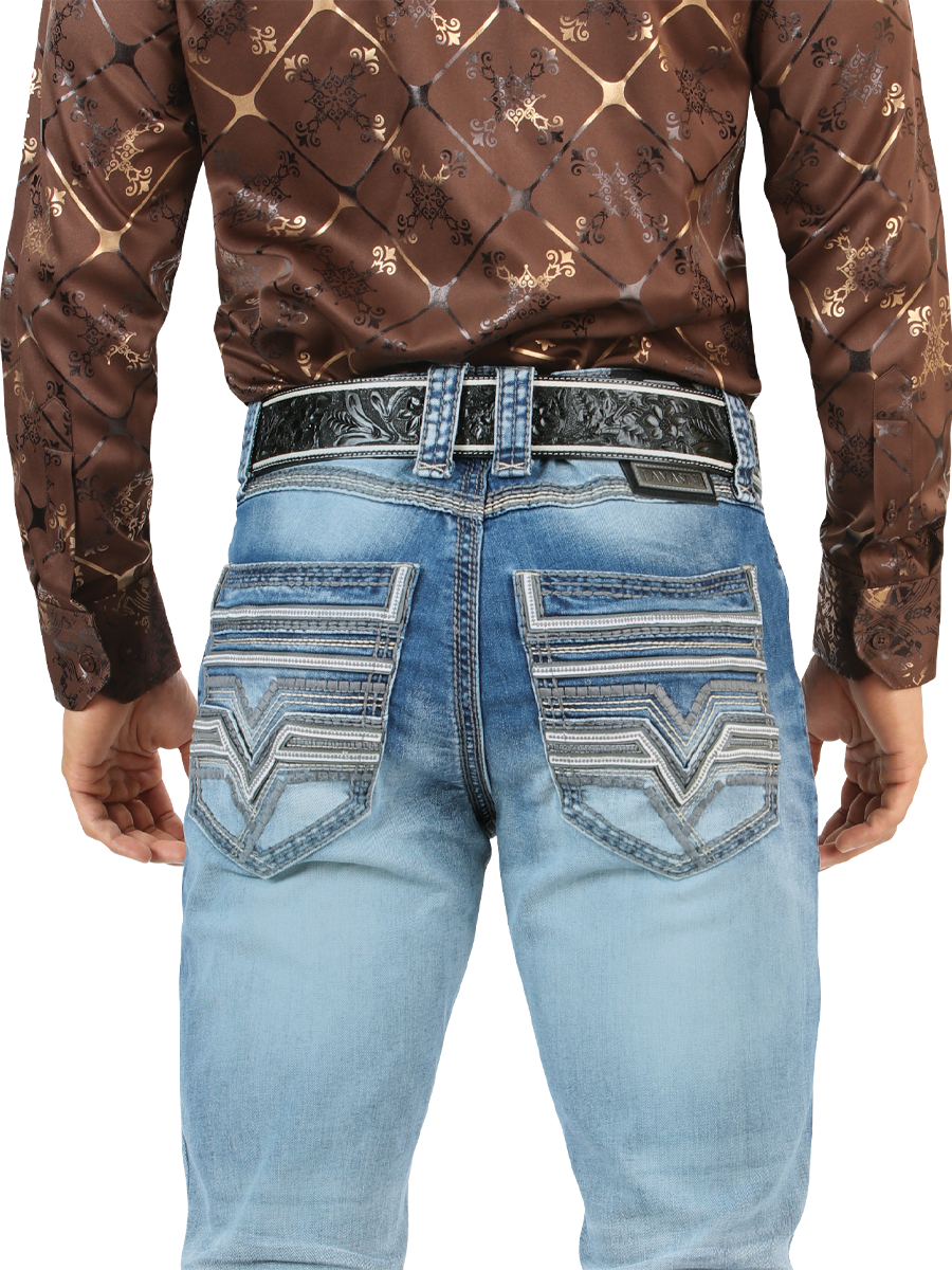 LM26502 Light Blue Denim Pants – Straight Cut with Premium Contrast Embroidery