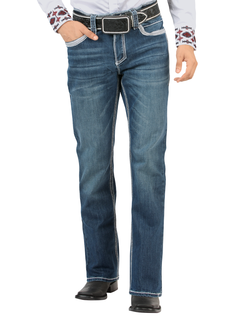 LM26502 Medium Blue Jeans – Straight Cut with Contrast Embroidery and Stonewash Finish
