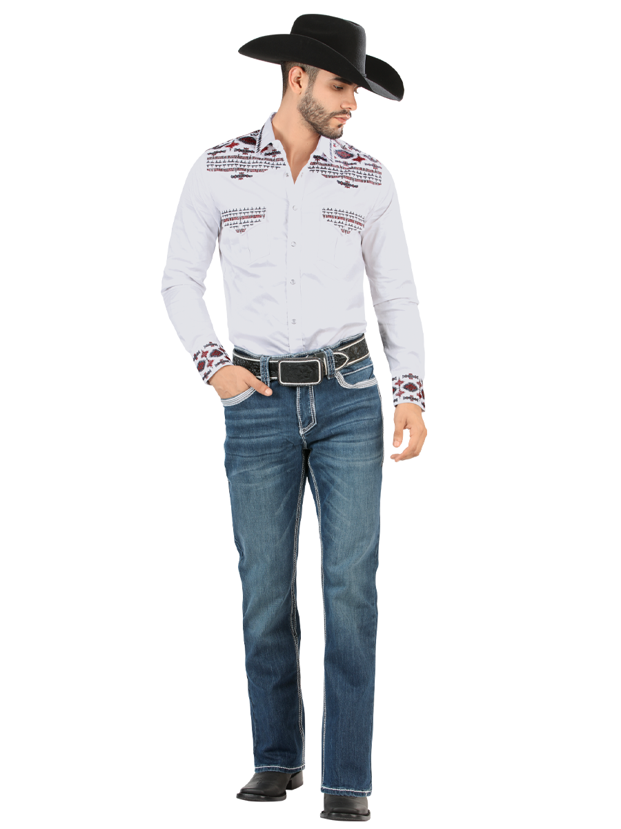 LM26502 Medium Blue Jeans – Straight Cut with Contrast Embroidery and Stonewash Finish
