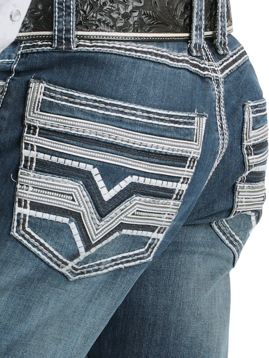 LM26502 Medium Blue Jeans – Straight Cut with Contrast Embroidery and Stonewash Finish