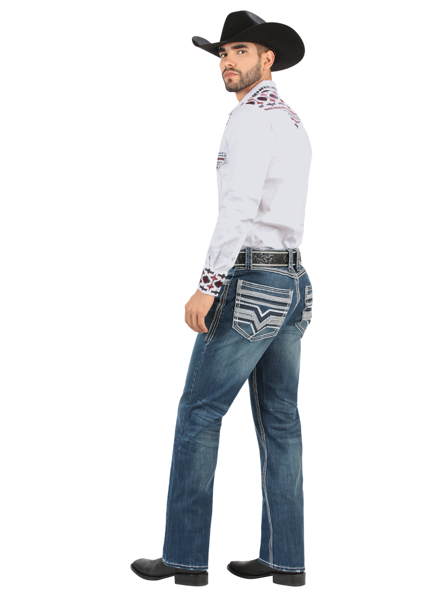 LM26502 Medium Blue Jeans – Straight Cut with Contrast Embroidery and Stonewash Finish