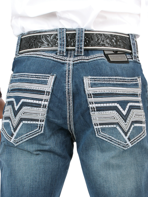 LM26502 Medium Blue Jeans – Straight Cut with Contrast Embroidery and Stonewash Finish