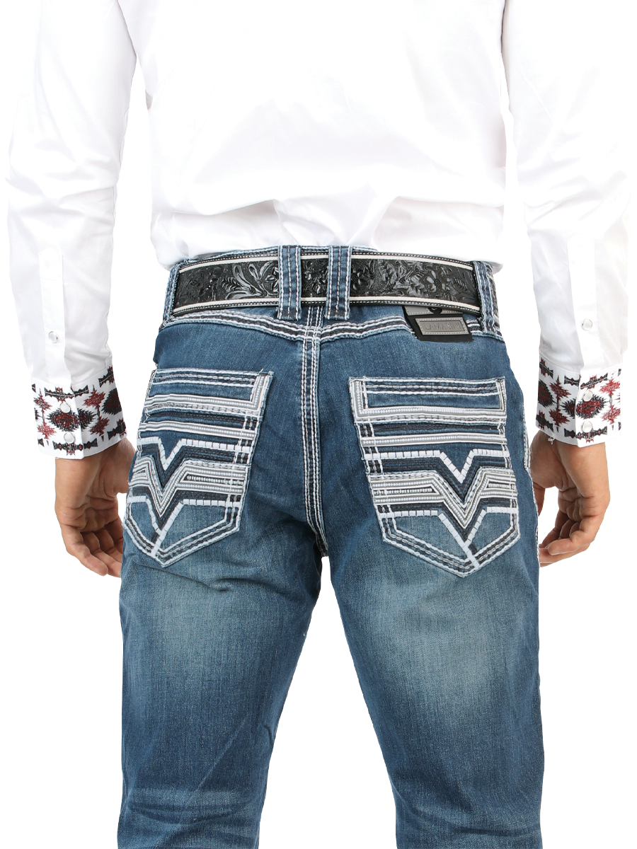 LM26502 Medium Blue Jeans – Straight Cut with Contrast Embroidery and Stonewash Finish