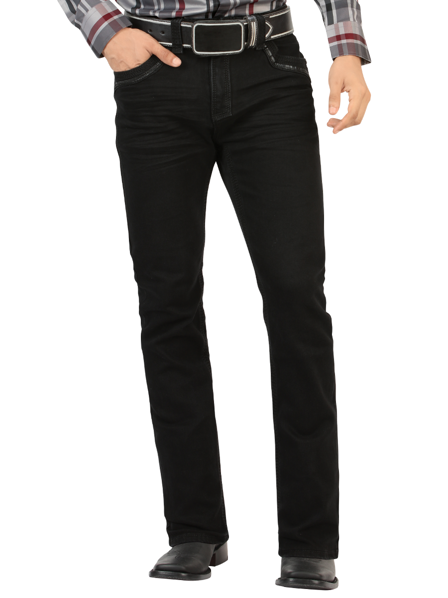 LM26503 Black Jeans - Straight Cut with Embossed Black on Black Embroidery