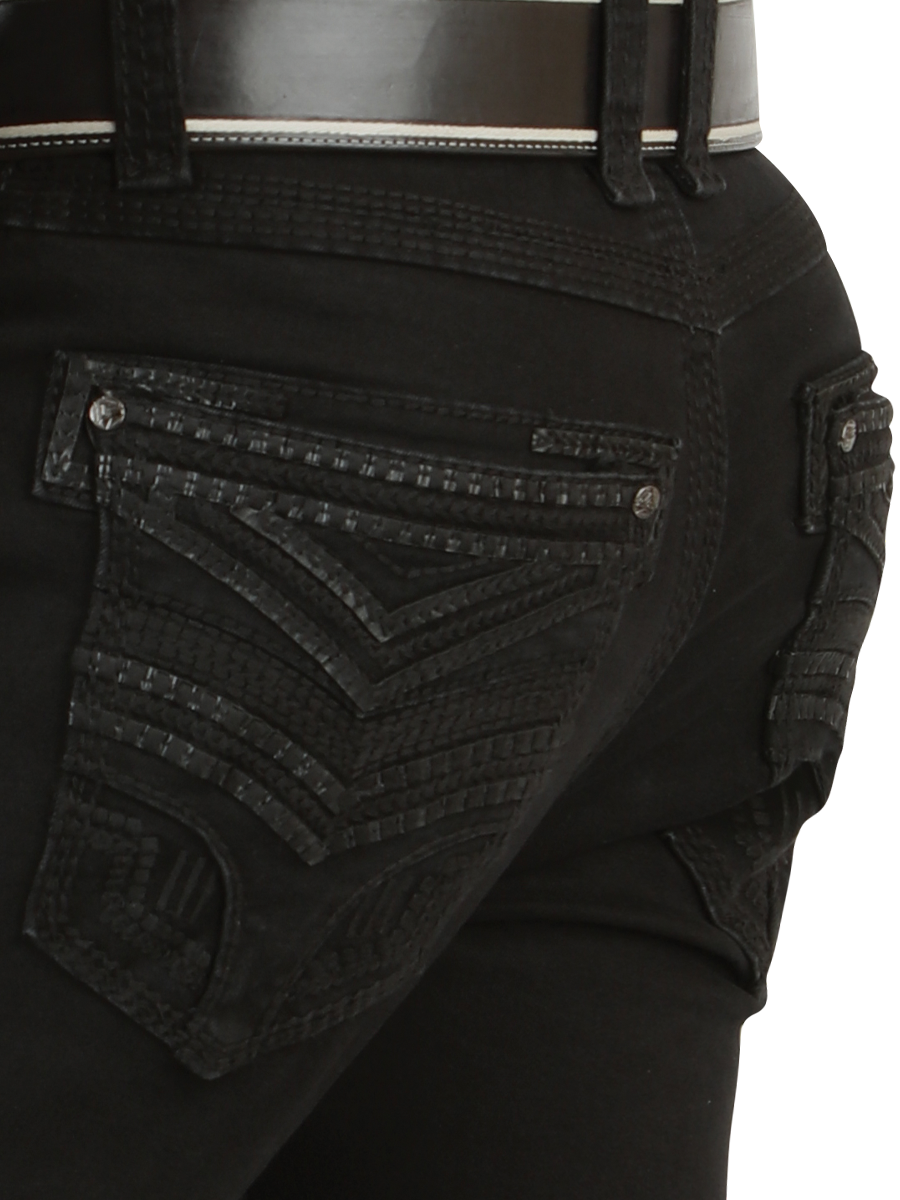 LM26503 Black Jeans - Straight Cut with Embossed Black on Black Embroidery