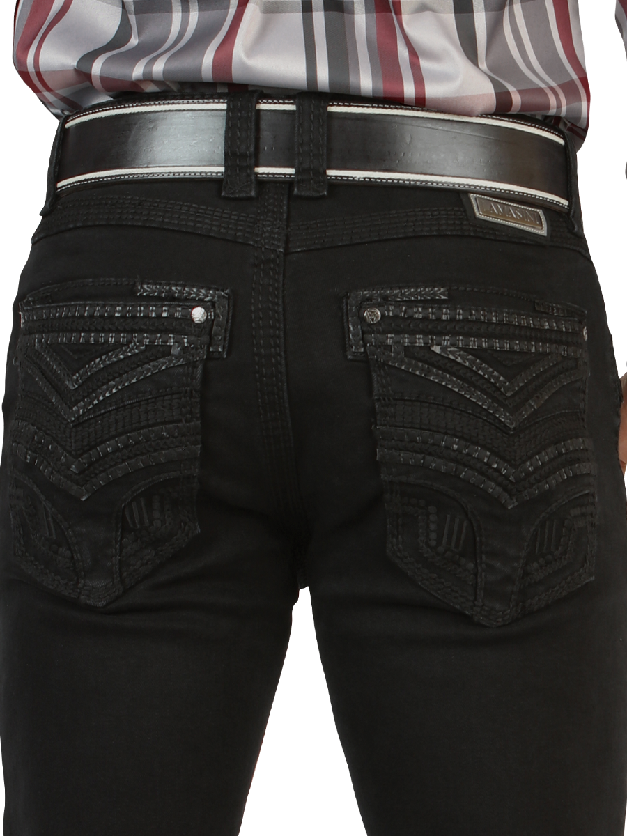 LM26503 Black Jeans - Straight Cut with Embossed Black on Black Embroidery