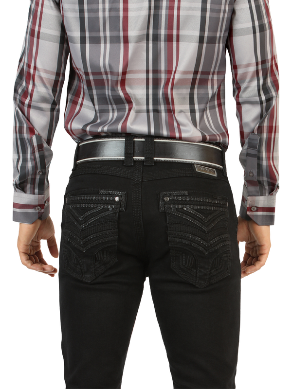 LM26503 Black Jeans - Straight Cut with Embossed Black on Black Embroidery