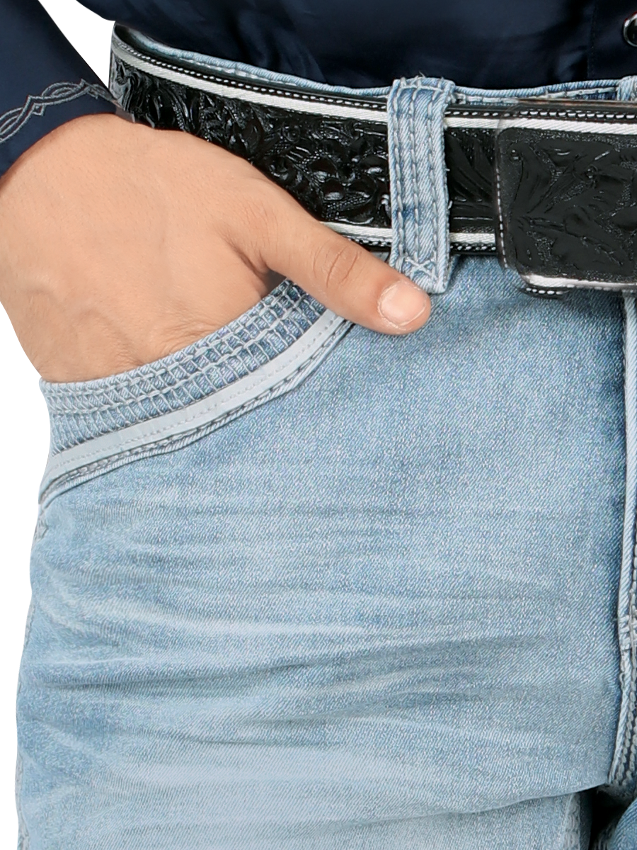 LM26503 Light Blue Straight Cut Jeans with Contrast Embroidery and Premium Wash