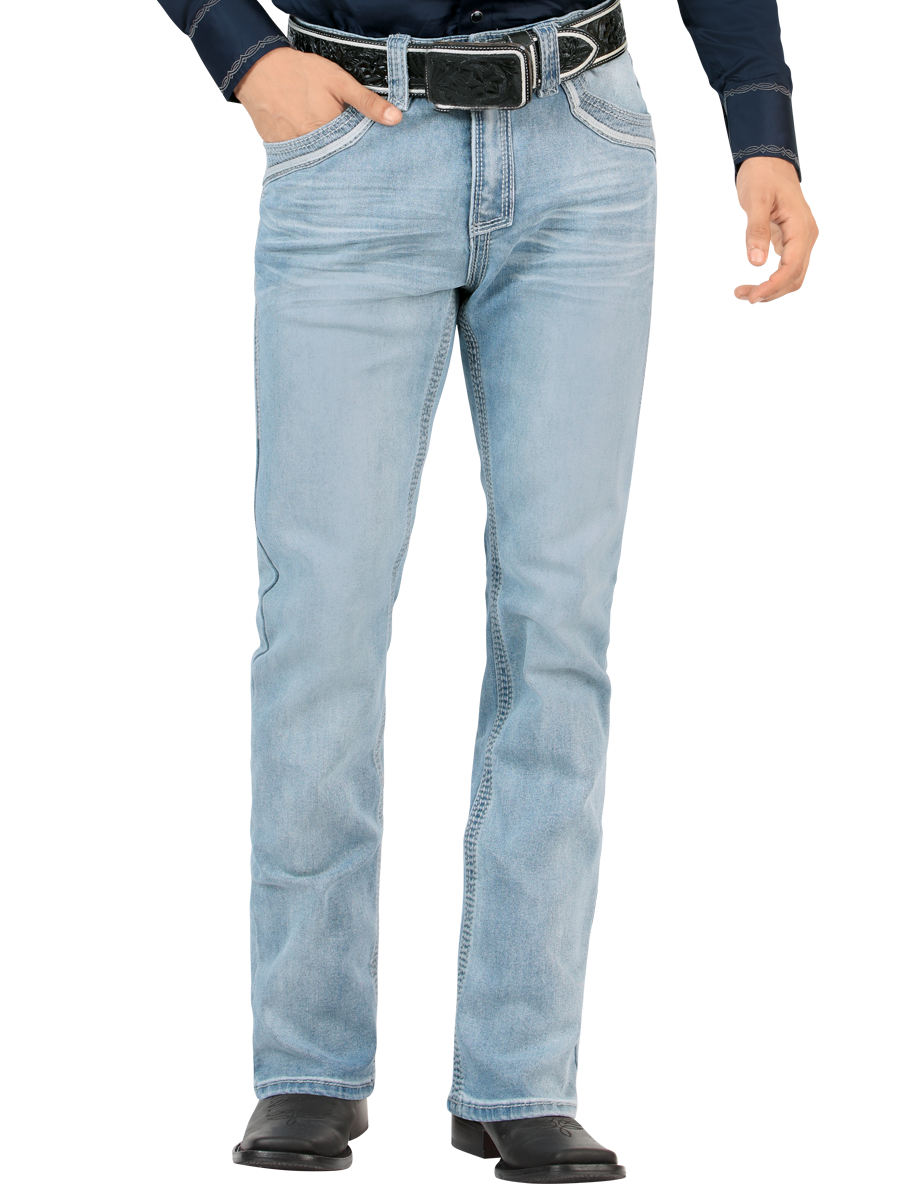 LM26503 Light Blue Straight Cut Jeans with Contrast Embroidery and Premium Wash