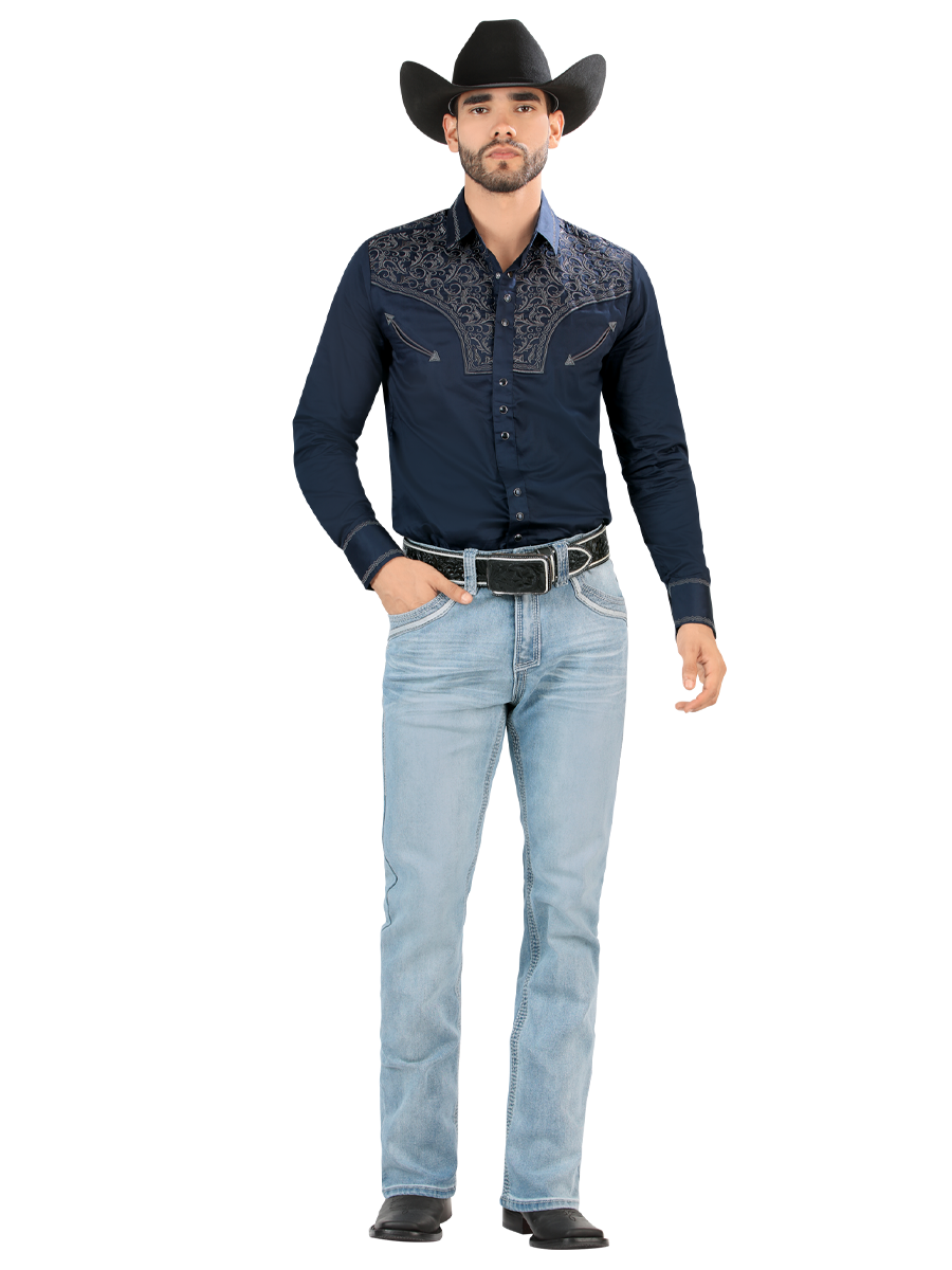LM26503 Light Blue Straight Cut Jeans with Contrast Embroidery and Premium Wash