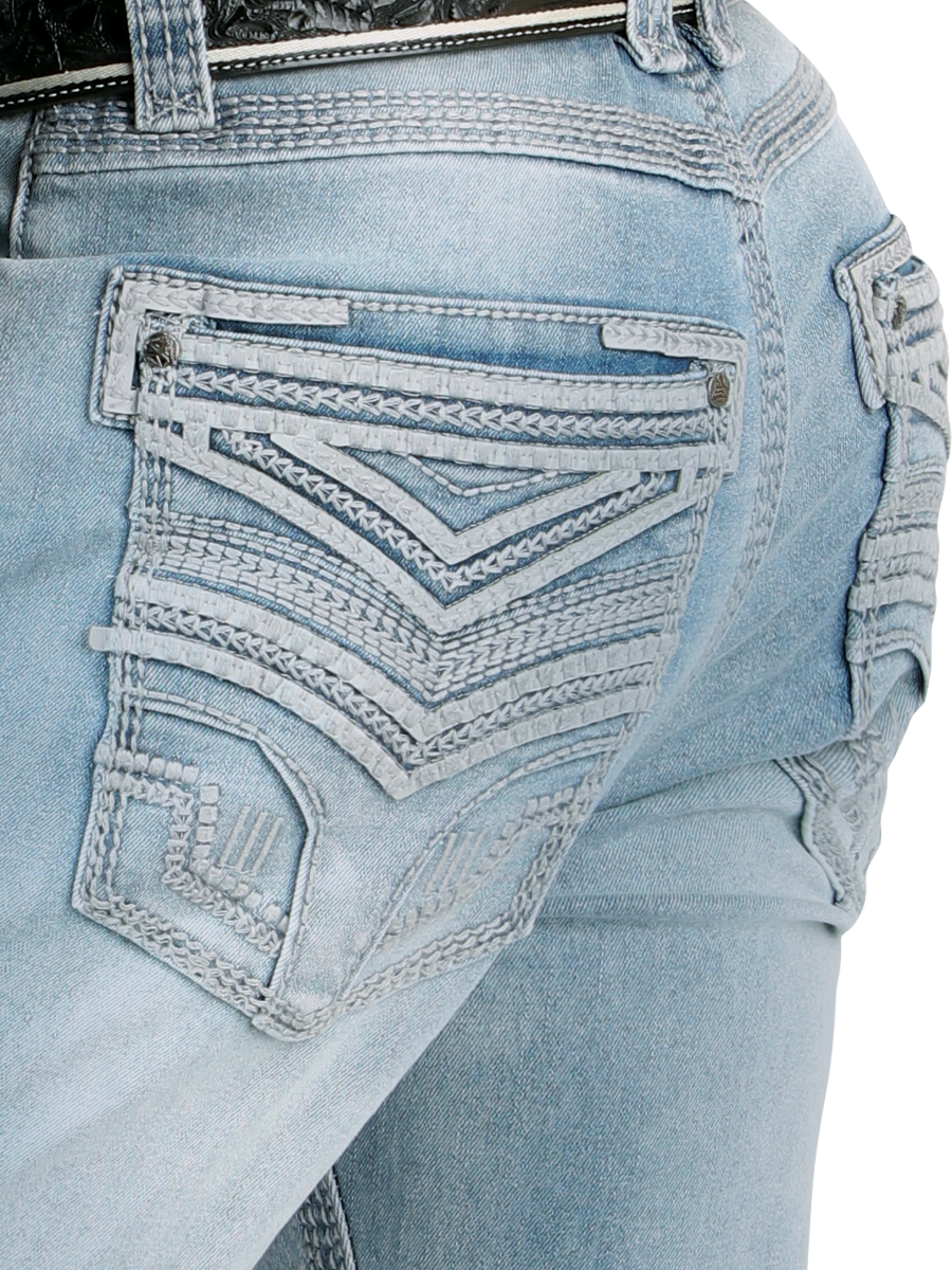 LM26503 Light Blue Straight Cut Jeans with Contrast Embroidery and Premium Wash