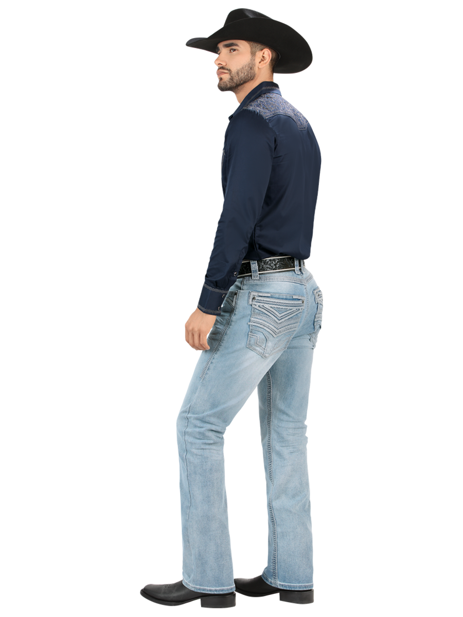 LM26503 Light Blue Straight Cut Jeans with Contrast Embroidery and Premium Wash