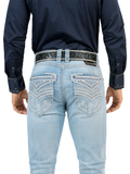 LM26503 Light Blue Straight Cut Jeans with Contrast Embroidery and Premium Wash