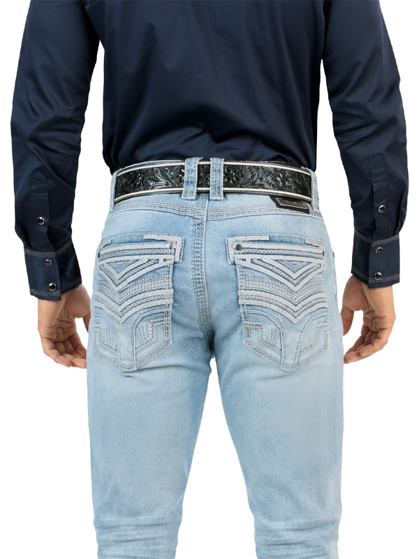 LM26503 Light Blue Straight Cut Jeans with Contrast Embroidery and Premium Wash