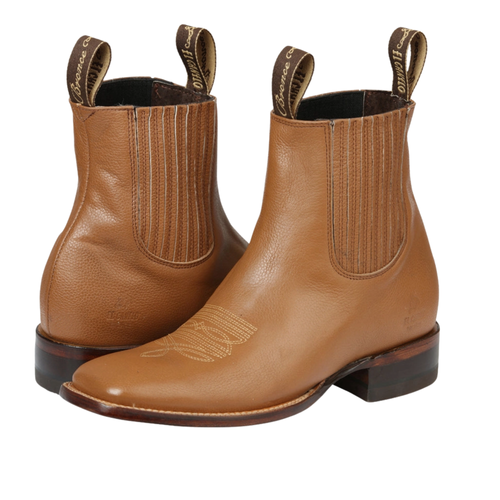 Men's tan leather western ankle boots, pair front view