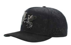 Men's black El Gallero snapback cap, angled view showing rooster