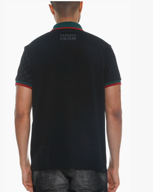 Men's black couture print polo shirt, back view