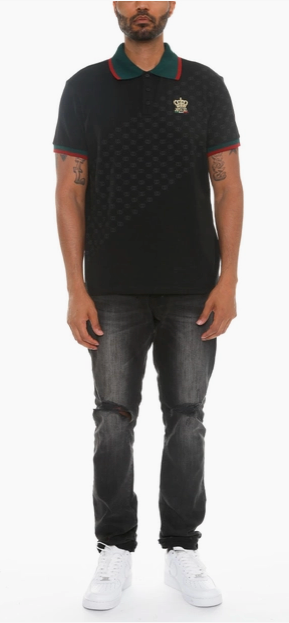 Men's black couture print polo shirt, collar and embroidery detail