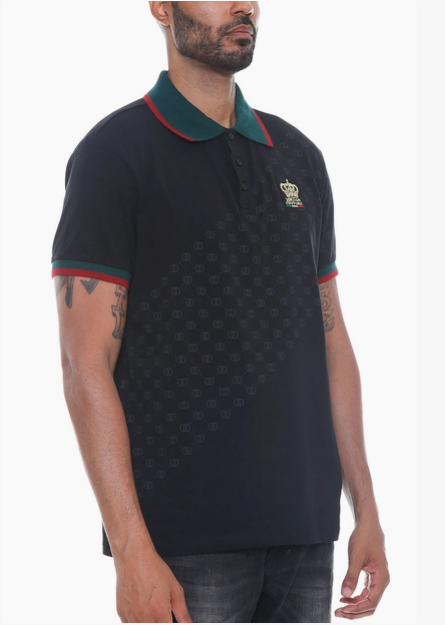 Men's black couture print polo shirt, side angle view