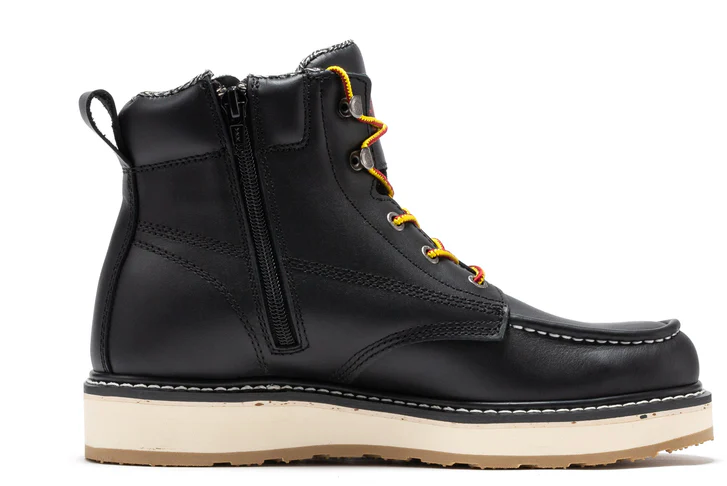 Men's black leather work boot, three-quarter angle view
