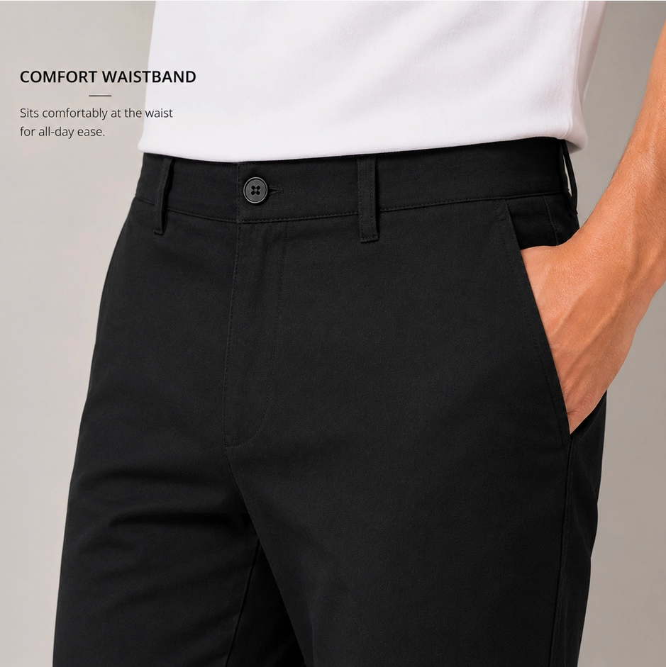 Close-up of a person wearing black trousers with a comfort waistband, paired with a white shirt. The image includes text on the left reading 'COMFORT WAISTBAND' and 'Sits comfortably at the waist for all-day ease.