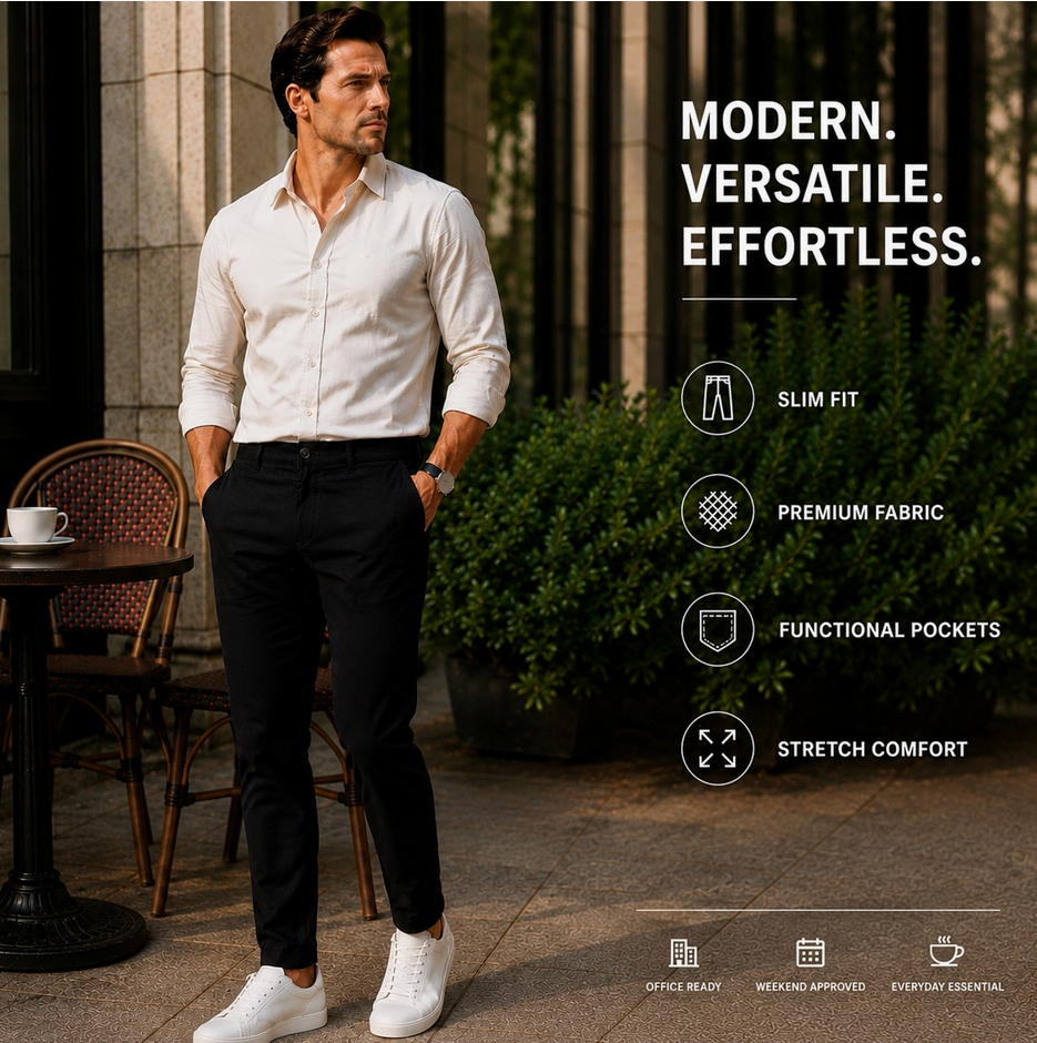A man wearing a white long-sleeve dress shirt and black trousers stands outdoors near a table and chairs, with marketing text on the right highlighting slim fit, premium fabric, functional pockets, and stretch comfort.