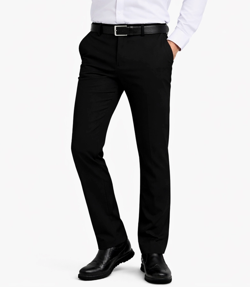 Men's navy slim fit stretch dress pants, front view