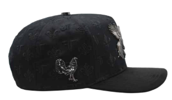 black El Gallero snapback cap, angled view showi