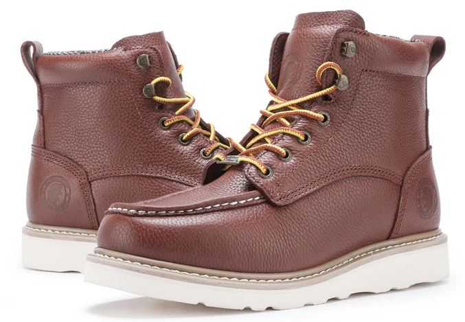 Men's brown leather wedge work boots, pair view with gold laces and white soles