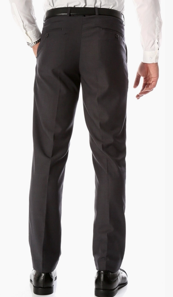 Rear view of a man wearing dark charcoal gray dress pants with a black belt, paired with a white dress shirt and black dress shoes, against a plain white background.