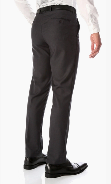 A man wearing slim-fit black dress pants, a white dress shirt, and black leather dress shoes, shown from the back against a white studio background.