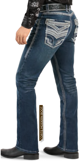 Men's dark blue modern boot cut jeans back view with embroidered western pockets.