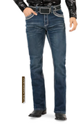 Men's dark blue modern boot cut stretch jeans front view with western style.