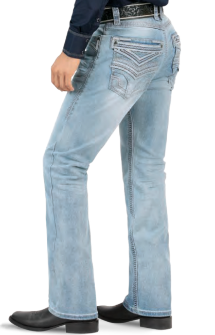 Men's light blue modern boot cut jeans back view with embroidered western pockets.