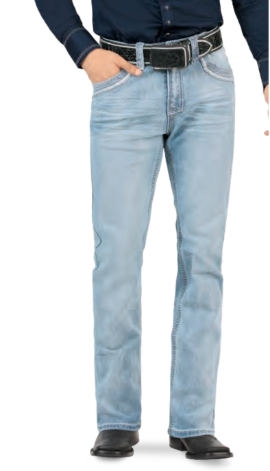 Men's light blue modern boot cut stretch jeans front view with western style.