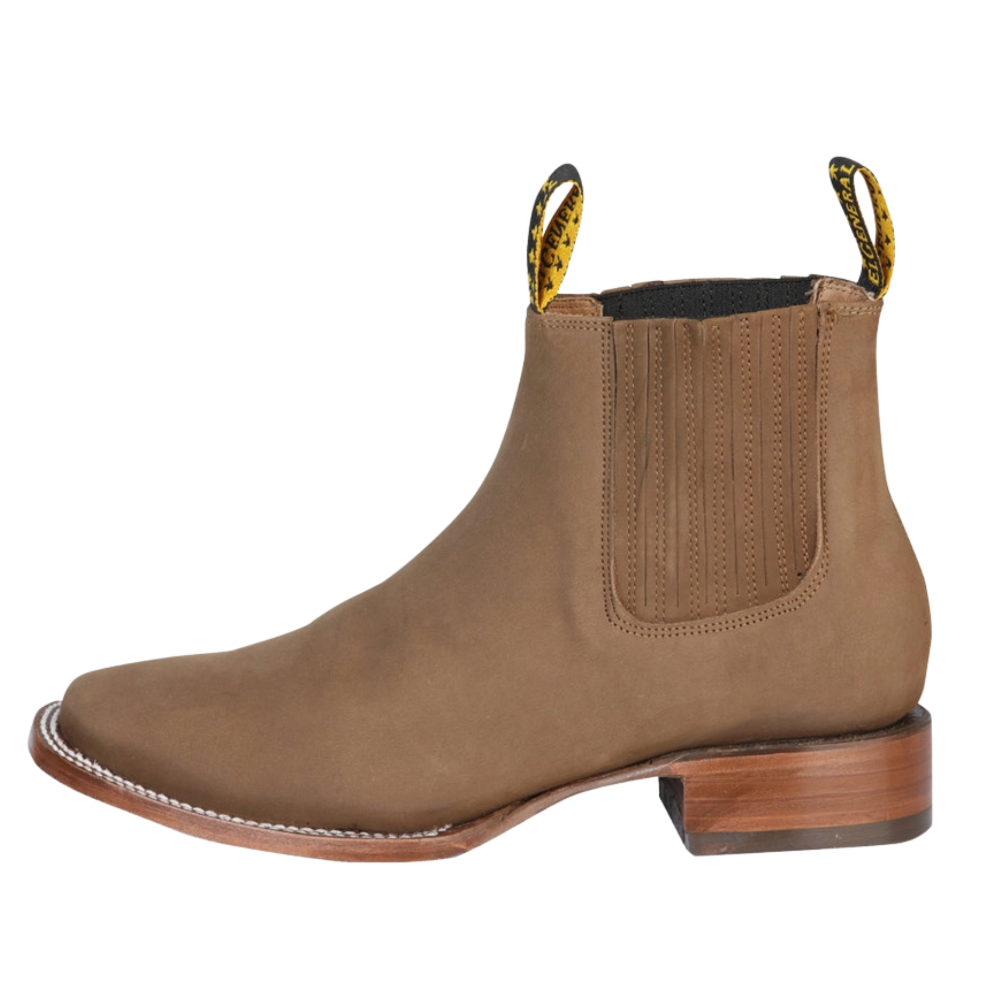 A single brown suede Chelsea boot with a stacked wooden heel and yellow-and-black patterned pull tabs, shown in profile against a white background.