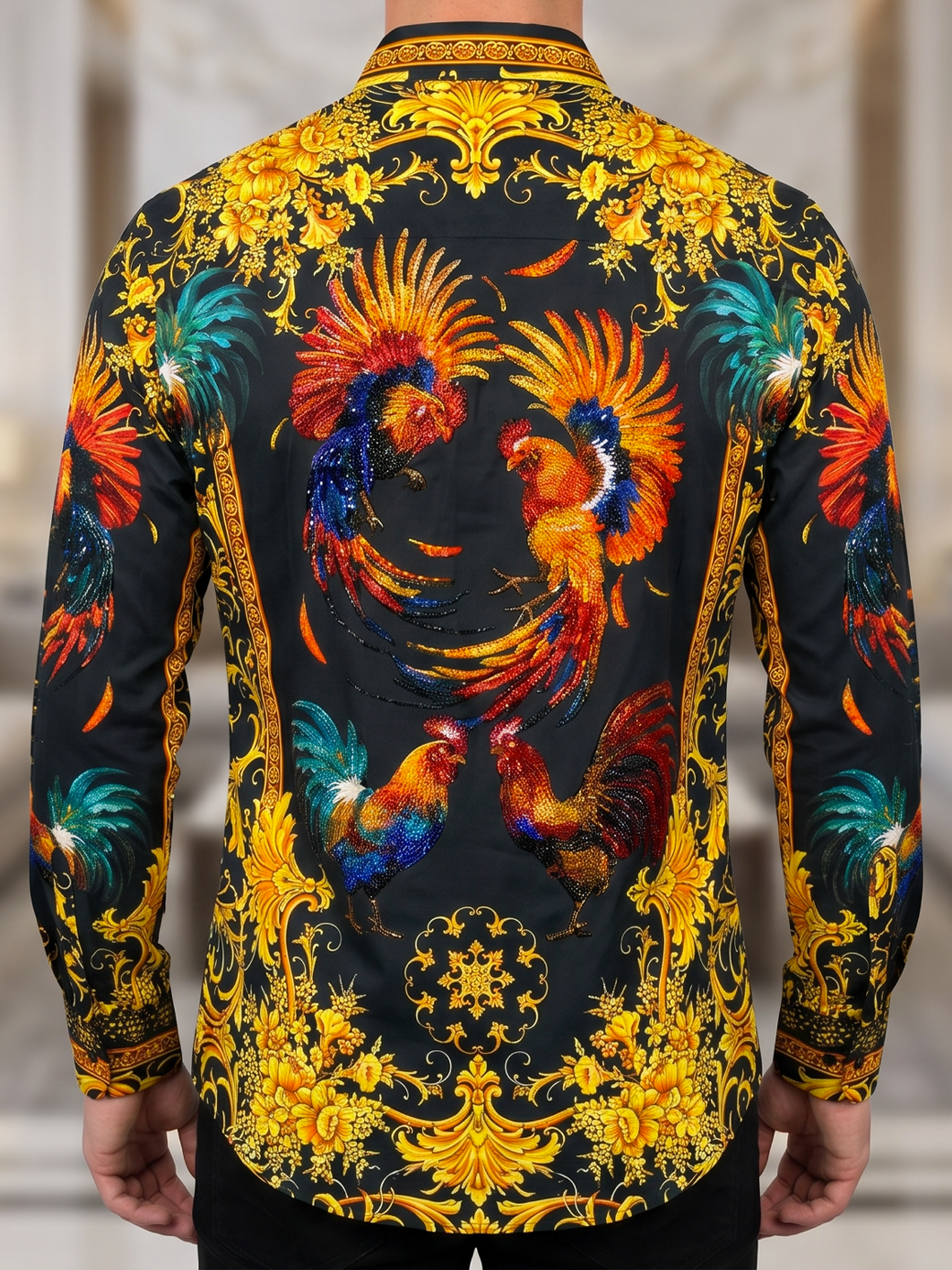 BARABAS Luxury Statement Shirt BS5SPR10 Black – SLIM FIT Stretch Rhinestone-Print