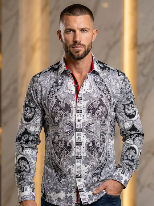 BARABAS Luxury Statement Shirt BSSPR10 White – SLIM FIT Stretch Rhinestone-Print