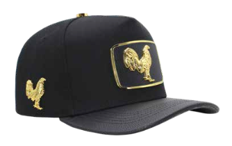 ZU-CAP-FT146GLD - Black rooster metal plate snapback cap - gold finish - front view no Jesse Poquita
