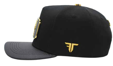 ZU-CAP-FT146GLD - Black rooster metal plate snapback cap - gold finish - front view