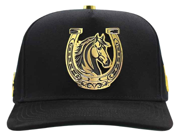 Men's Black Horseshoe Horse Head Metal Plate Snapback Cap - Adjustable