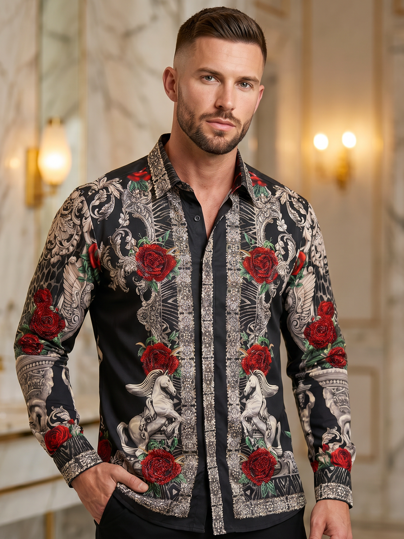 BARABAS Luxury Statement Shirt BS3SPR418 Black – SLIM FIT Stretch Rhinestone-Print