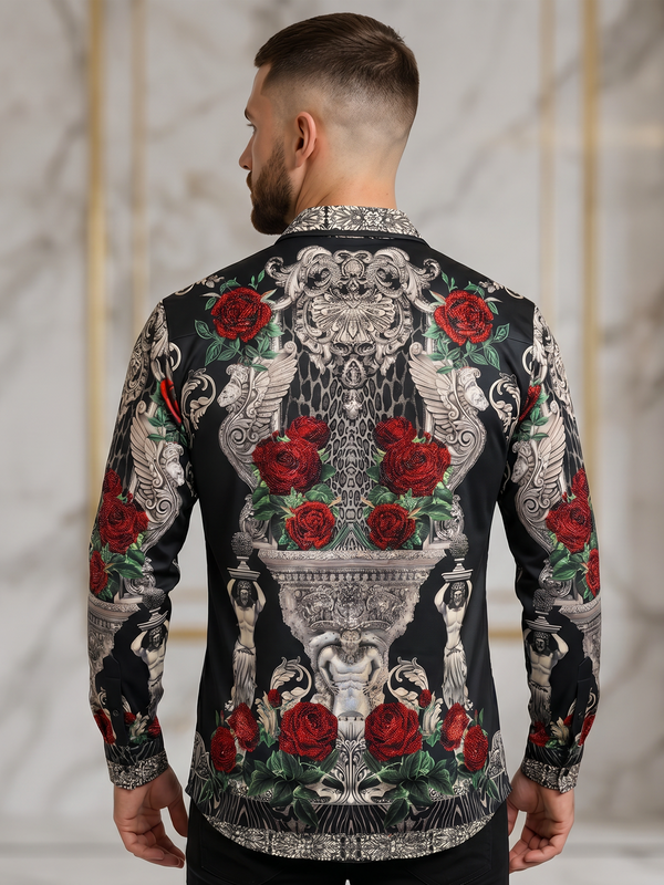 BARABAS Luxury Statement Shirt BS3SPR418 Black – SLIM FIT Stretch Rhinestone-Print