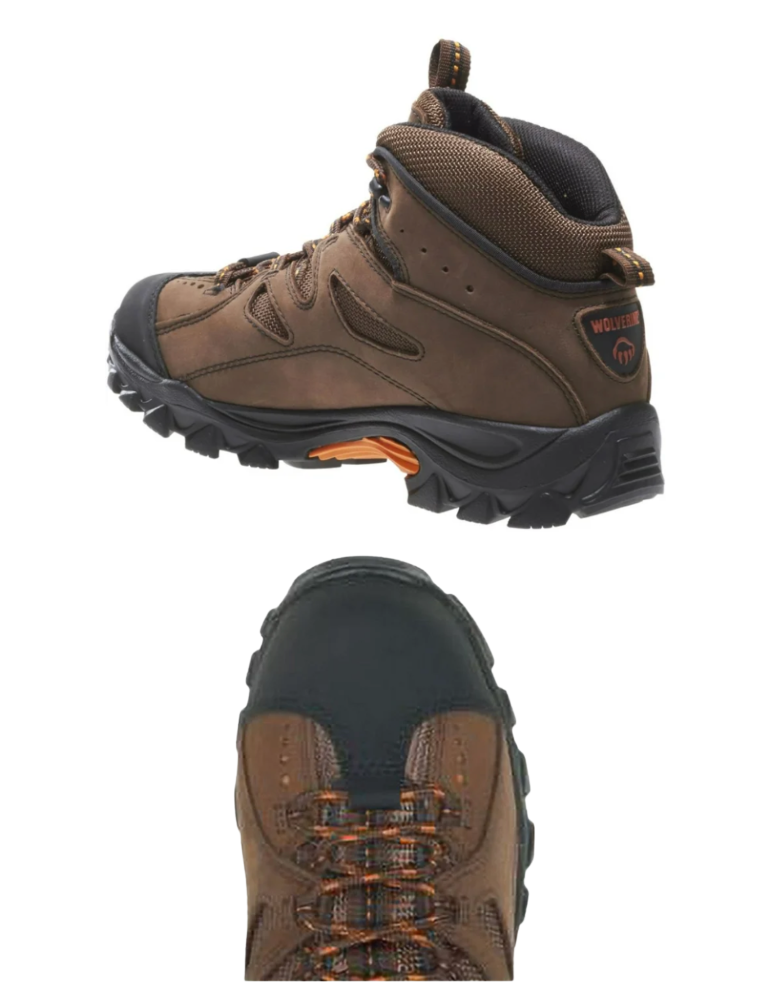 Brown hiking boot with orange accents on a white background
