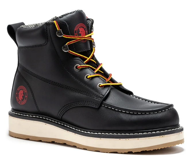 Men's black leather work boot, outsole bottom view
