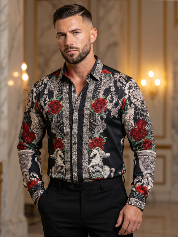 BARABAS Luxury Statement Shirt BS3SPR418 Black – SLIM FIT Stretch Rhinestone-Print