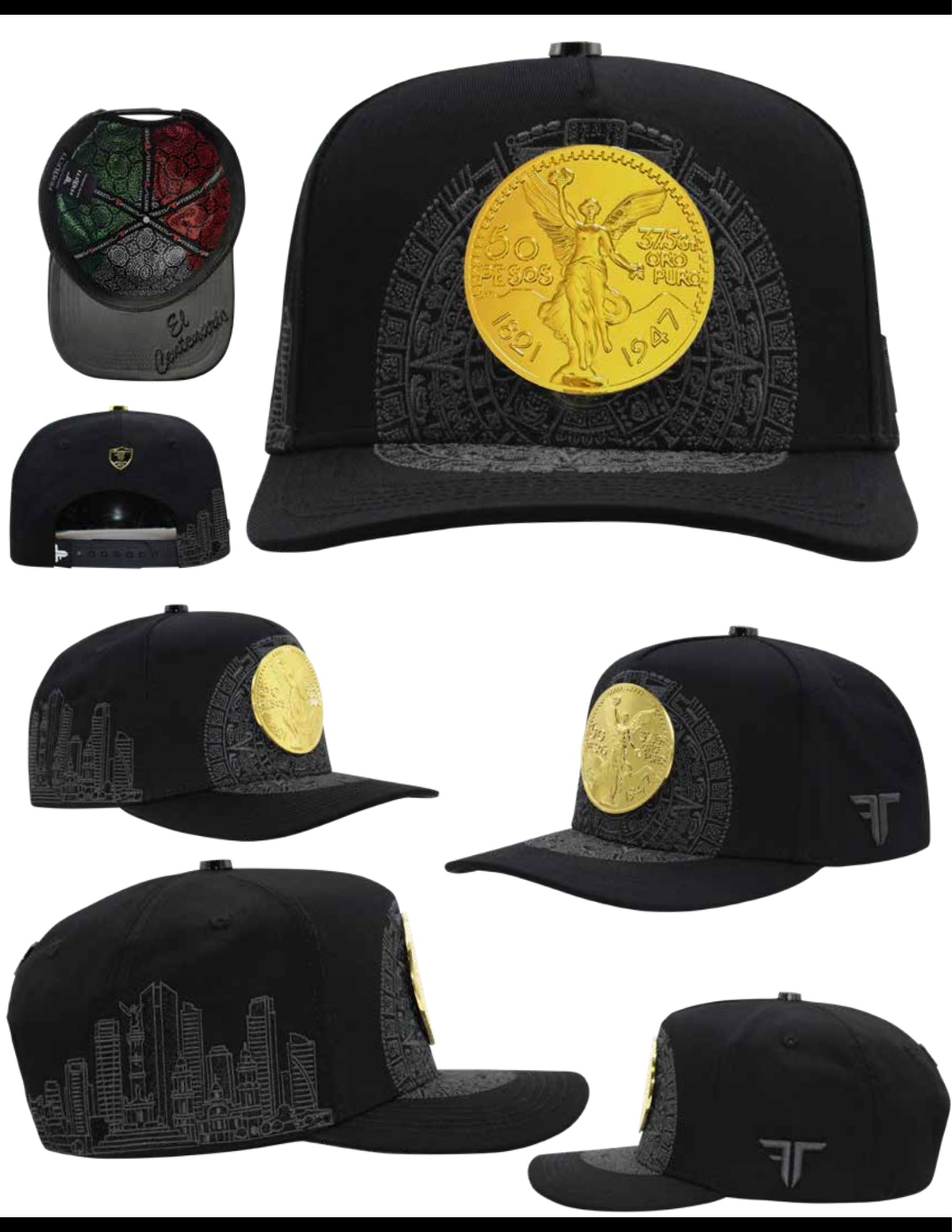 Black snapback cap shown from multiple angles on a white background, featuring a large gold coin-style patch on the front, a dark patterned brim, and gray graphic prints on the side.